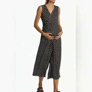 NOM Maternity Polka Dot Francesca Wrap Front Black White‎ Jumpsuit $128 Comfy
